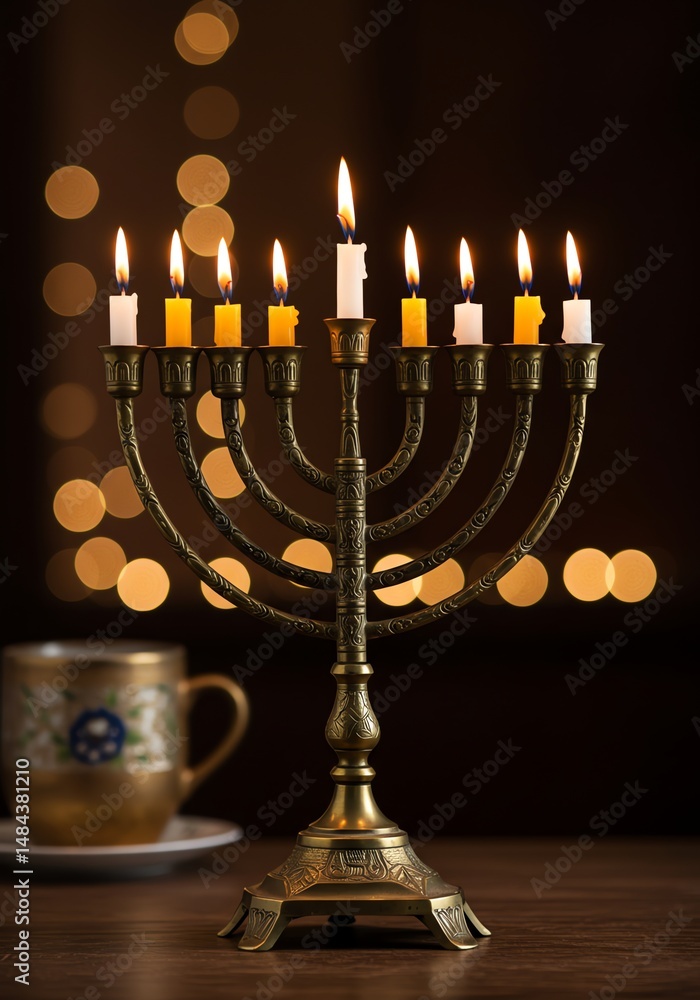 Ornate Brass Menorah with Glowing Candles: A Festive Hanukkah Scene Ornate Brass Menorah with Glowing Candles: A Festive Hanukkah Scene