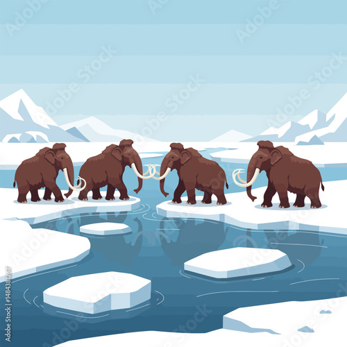 Mammoths Walking Across Ice Floes in Arctic Landscape Illustration