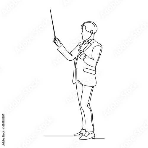 Continuous line art drawing of music conductor directing concert orchestra performance with stick. Vector illustration editable stroke sketch