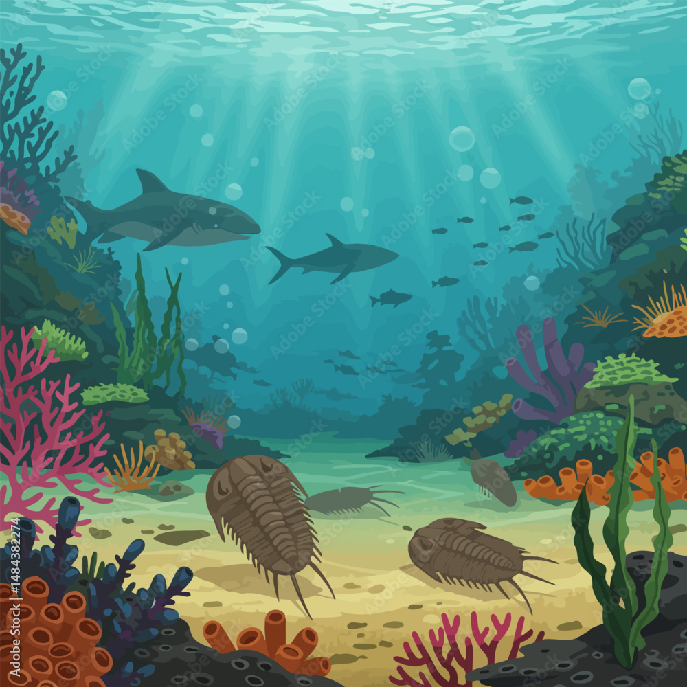 Fototapeta premium Underwater Scene with Trilobites Sharks and Coral Reef Illustration