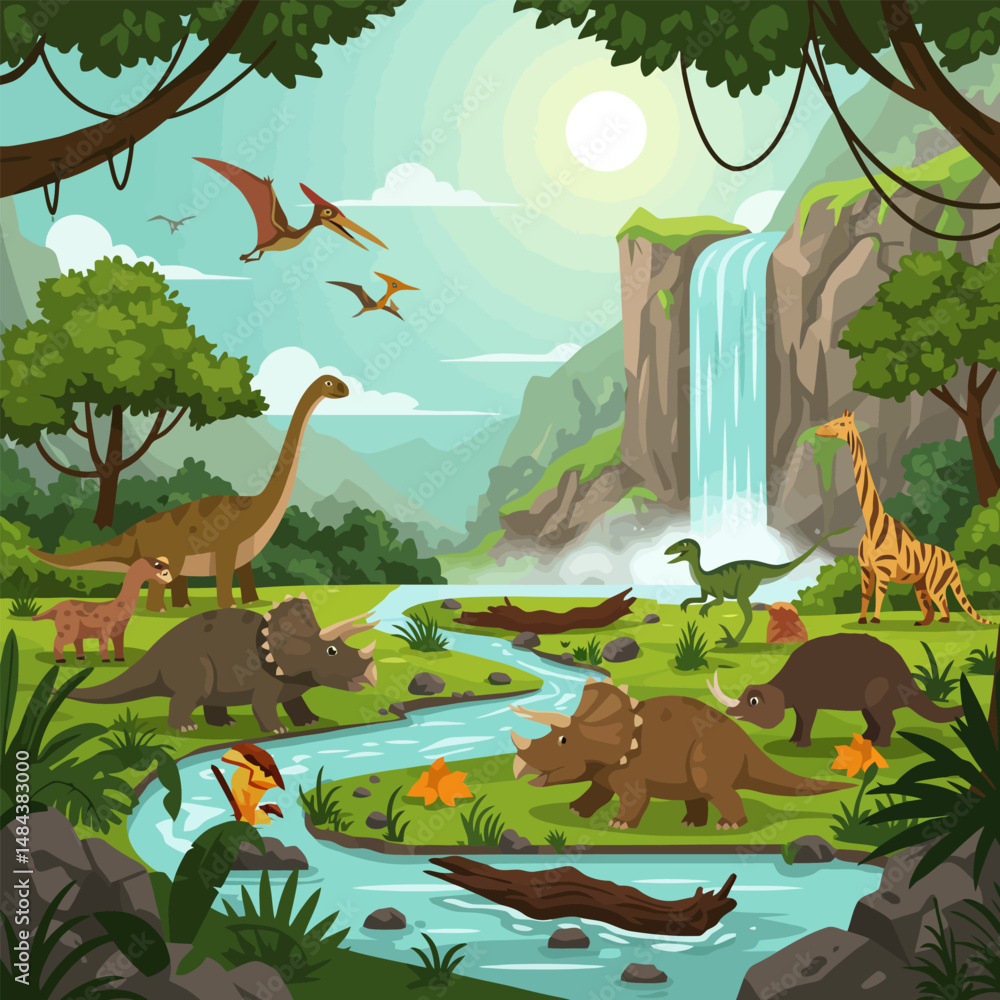 Obraz premium Dinosaur Illustration with Waterfall and River in a Prehistoric Landscape