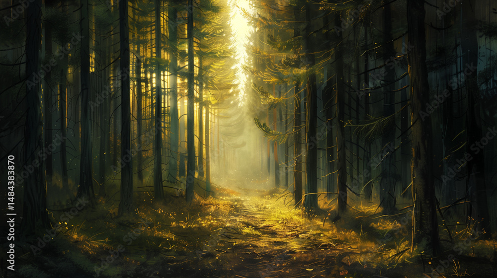 Fototapeta premium Sunlight filters through dense forest along narrow woodland path.