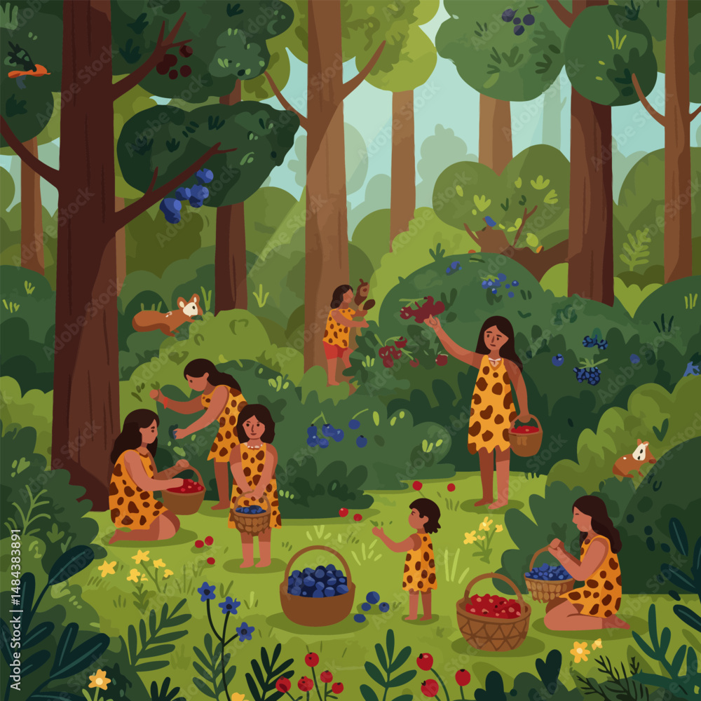 Obraz premium Gathering Berries in the Forest Illustration with People and Animals