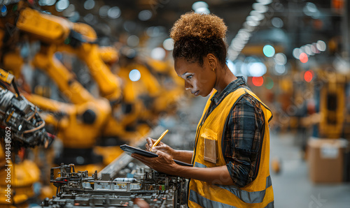 The female safety officer is operating the automated robots in the factory to achieve the best working condition. Business, advertising, sustainable development, wallpaper, background, base image