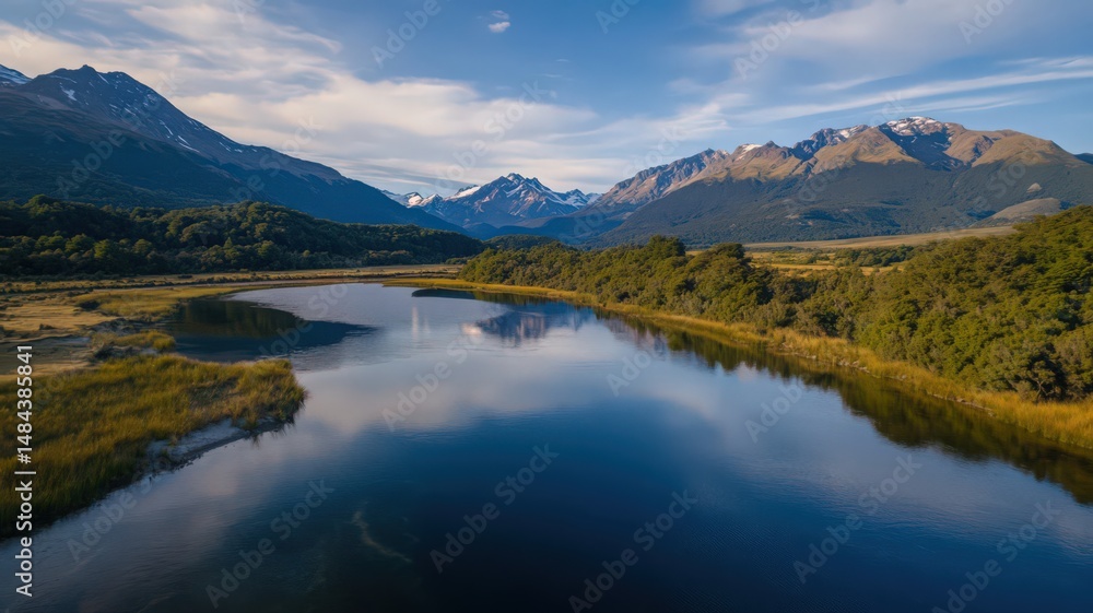 Fototapeta premium Aerial Shot of a Crystal Clear Lake Reflecting Surrounding Mountains and Blue Sky