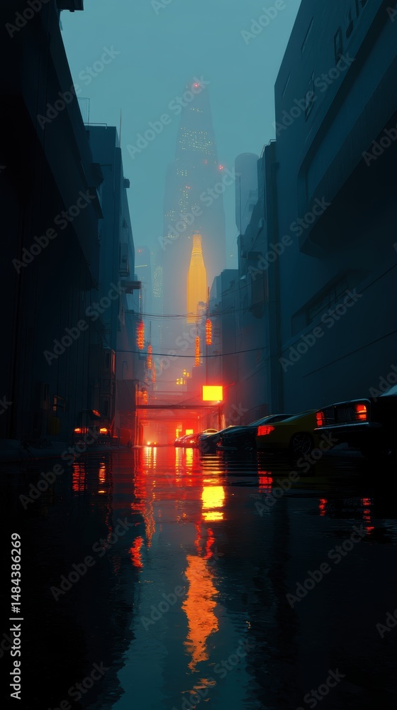 Obraz premium Misty urban landscape with glowing reflections.