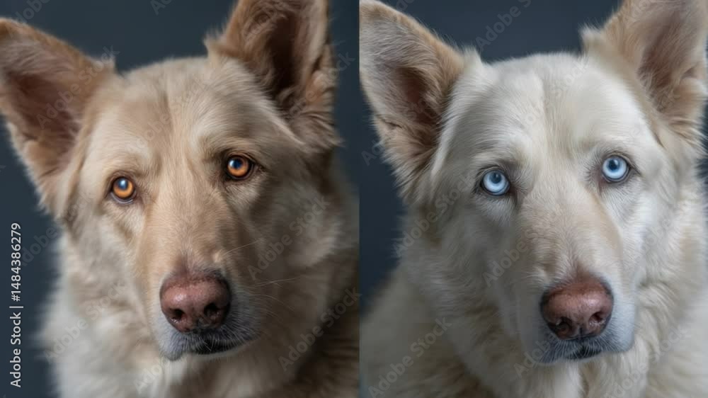 Distinctive Dog Duo: A captivating portrait showcasing two dogs, each with unique eye color and coat shades. The image captures their individual personalities. Distinctive Dog Duo: A captivating portrait showcasing two dogs, each with unique eye color and coat shades. The image captures their individual personalities.