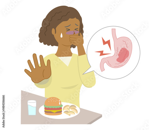Young Black woman feeling nauseous, covering her mouth with her hand, unable to eat her meal