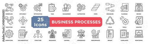 Business Processes icon collection set. Containing workflow,efficiency,optimization,task,management,automation,steps,procedure,planning,execution icon. Simple line vector.
