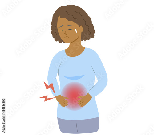 Upper body illustration of a Black woman clutching her lower abdomen in pain, indicating discomfort in the large intestine
