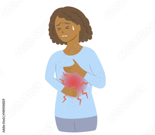 Upper body illustration of a Black woman clutching her chest in pain from a stomachache