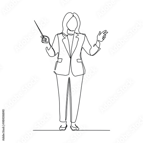 Continuous line art drawing of music conductor directing concert orchestra performance with stick. Vector illustration editable stroke sketch