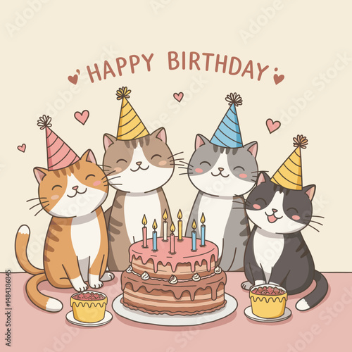 Four adorable cats in party hats celebrate with a cake, surrounded by hearts and "Happy Birthday" text.