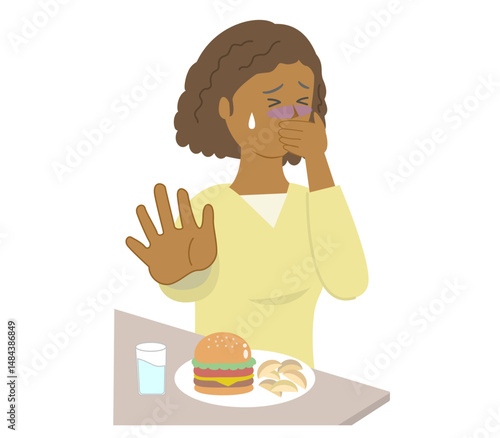 Young Black woman feeling nauseous, covering her mouth with her hand, unable to eat her meal