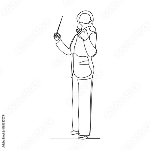 Continuous line art drawing of music conductor directing concert orchestra performance with stick. Vector illustration editable stroke sketch