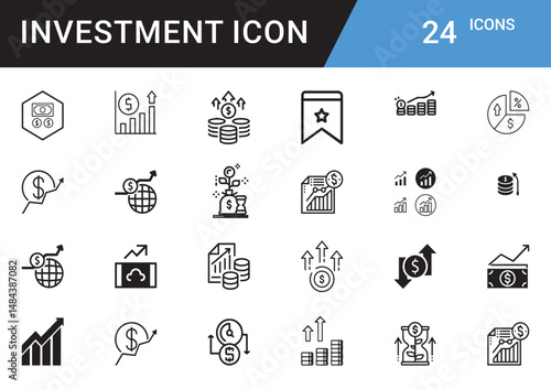 Investment Icons editable vector set Finance, Money, Growth, ROI, Stock Market, Cryptocurrency, Assets, Wealth, Banking, Profit, Savings, Portfolio, Risk, Capital, Trading