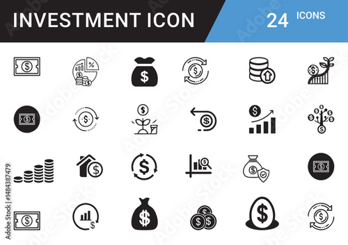 Investment Icons editable vector set Finance, Money, Growth, ROI, Stock Market, Cryptocurrency, Assets, Wealth, Banking, Profit, Savings, Portfolio, Risk, Capital, Trading