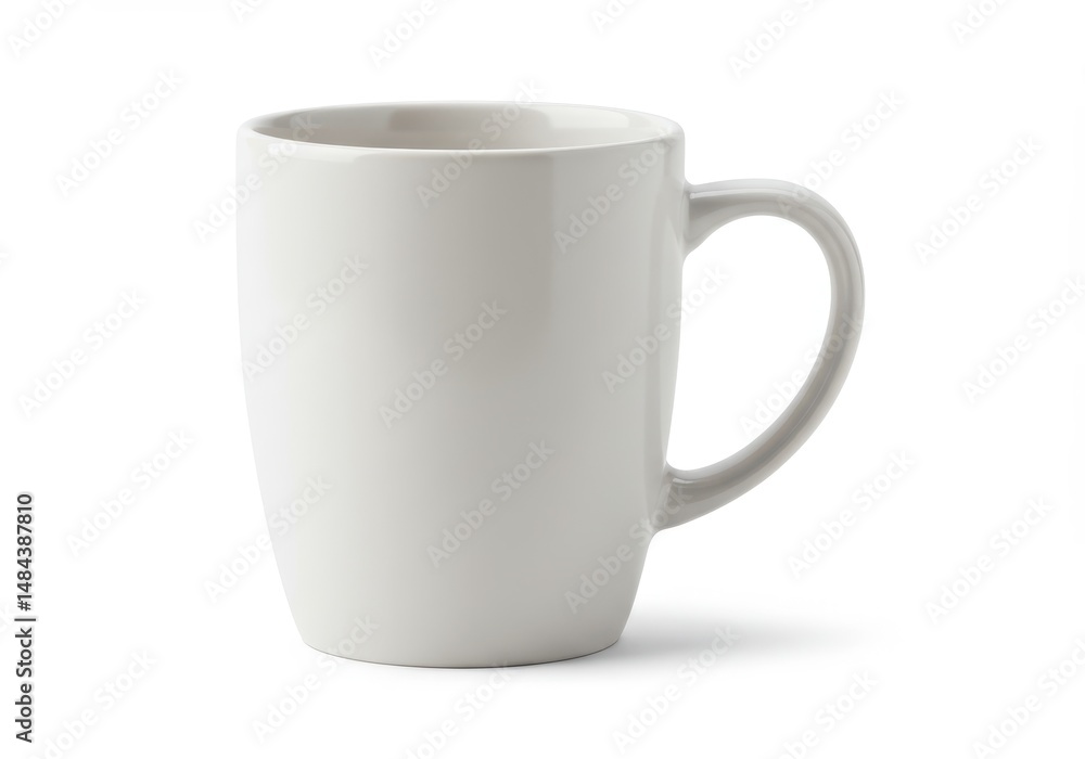 Fototapeta premium A simple white ceramic mug with a handle sits isolated on a white background