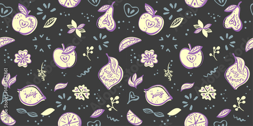 Vegetables and fruit pattern, hand drawn vector graphic backdrop