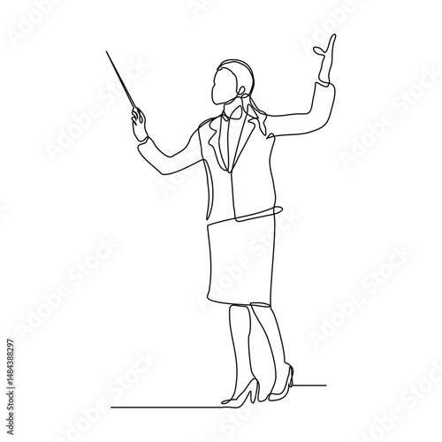 Continuous line art drawing of music conductor directing concert orchestra performance with stick. Vector illustration editable stroke sketch