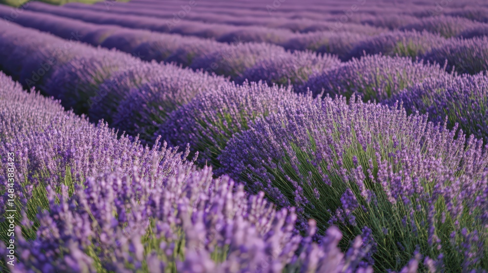 Fototapeta premium Aerial Shot of a Vast Lavender Field in Full Bloom Under Bright Sunny Skies