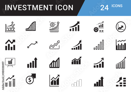 Investment Icons editable vector set Finance, Money, Growth, ROI, Stock Market, Cryptocurrency, Assets, Wealth, Banking, Profit, Savings, Portfolio, Risk, Capital, Trading