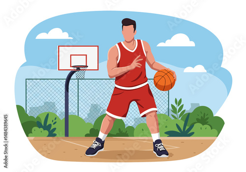 Summer healthy activity: Flat vector illustration of a man playing basketball on an outdoor court under a bright sky. Enjoying an active summer sport