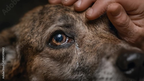 Tears of Loyalty: Intimate portrait captures a moment of profound connection, a tearful dog receives a comforting touch.