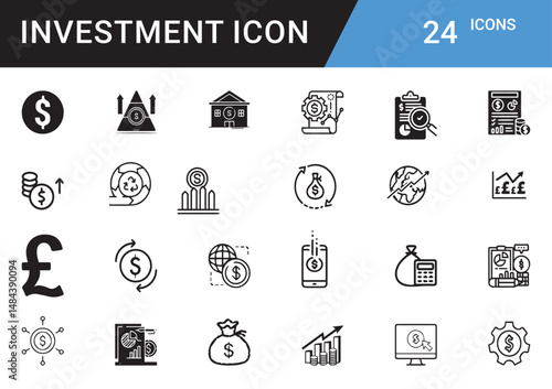 Investment Icons editable vector set Finance, Money, Growth, ROI, Stock Market, Cryptocurrency, Assets, Wealth, Banking, Profit, Savings, Portfolio, Risk, Capital, Trading