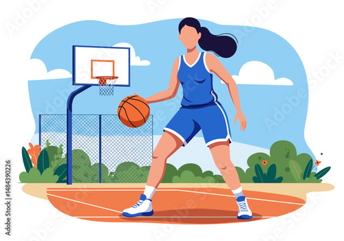 Summer healthy activity: Flat vector illustration of a woman playing basketball on an outdoor court under a bright sky. Enjoying an active summer sport