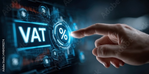 VAT Technology Interface: An individual's hand interacts with a futuristic digital interface, displaying the abbreviation 
