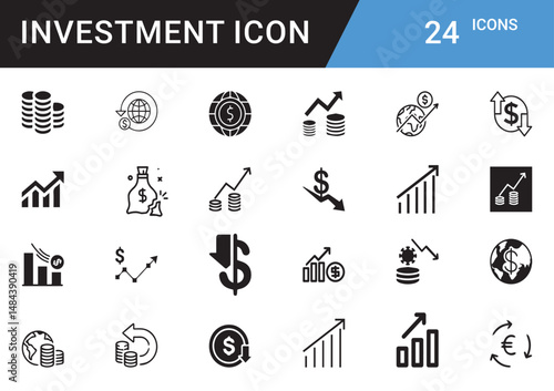 Investment Icons editable vector set Finance, Money, Growth, ROI, Stock Market, Cryptocurrency, Assets, Wealth, Banking, Profit, Savings, Portfolio, Risk, Capital, Trading