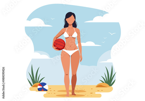 Summer healthy activity: Flat vector illustration of a woman playing beach volleyball on a sunny beach. Active summer beach sport