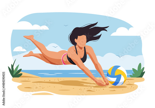 Summer healthy activity: Flat vector illustration of a woman playing beach volleyball on a sunny beach. Active summer beach sport