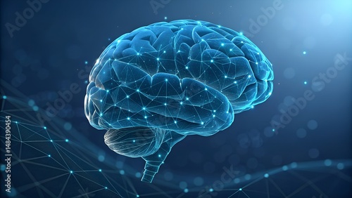 A digital 3d illustration showcasing a human brain with neural network connections and an ethereal blue glow.