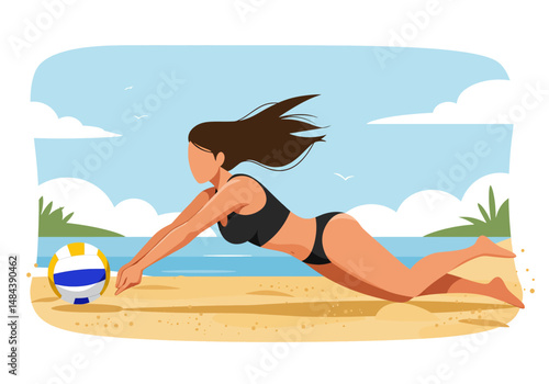 Summer healthy activity: Flat vector illustration of a woman playing beach volleyball on a sunny beach. Active summer beach sport