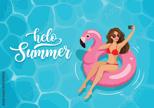 Adobe Illustrator Artwork Summer healthy activity: Flat vector illustration of a woman taking a selfie while floating on a flamingo inflatable in a blue pool with "Hello Summer" text. Enjoying summer 