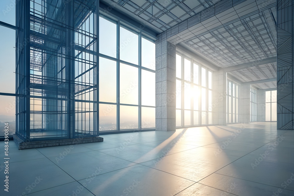 Bright modern interior space with large windows and geometric architectural designs revealing sunlight and city view Bright modern interior space with large windows and geometric architectural designs revealing sunlight and city view
