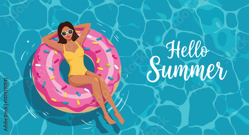 Adobe Illustrator Artwork Summer healthy activity: Flat vector illustration of a woman relaxing on a donut float in a clear blue swimming pool with "Hello Summer" text. Enjoying summer bliss