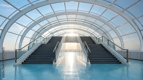 Architectural perspective showcasing symmetrical staircases beneath a transparent arched roof with a clear sky background and bright sun shining.