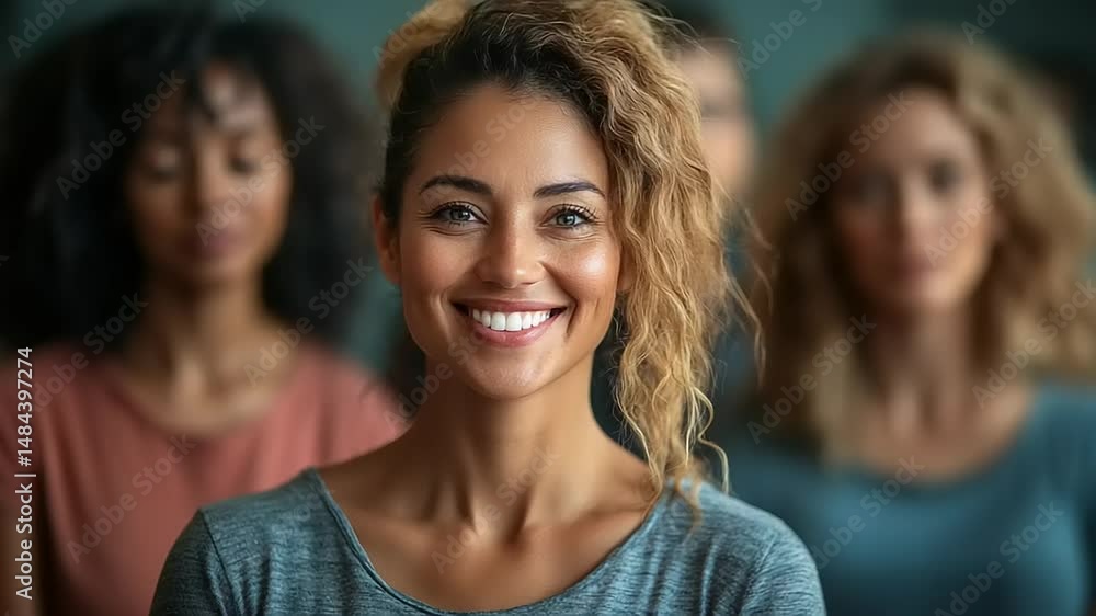 Smiling woman with diverse group in background Smiling woman with diverse group in background