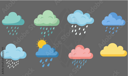 A collection of stylized rain cloud illustrations in various colors, some featuring raindrops and the sun, rendered in a simple flat design style.