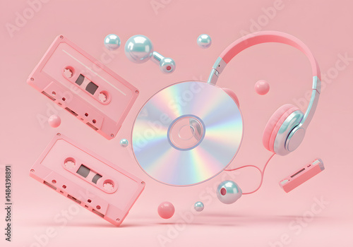 Collection of music technology objects in pink headphones c ds and cassettes
