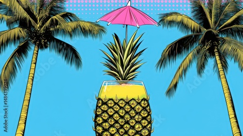 Vibrant summer escapade retro style pineapple delight palm trees