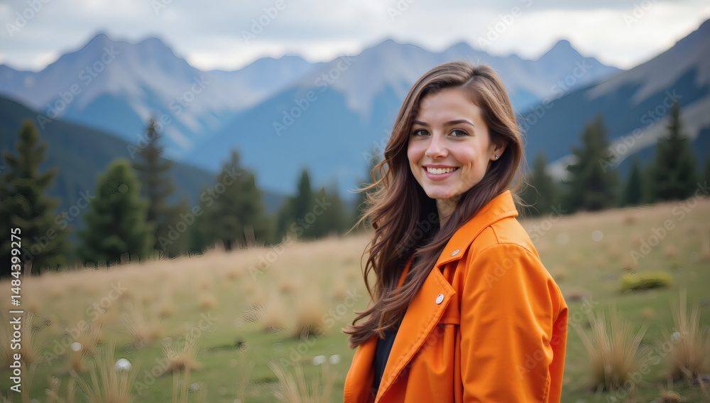 Naklejka premium Luxurious Portrait of Elegant Girl in Vibrant Orange Against Majestic Mountain Backdrop – Stunning Fashion, Nature, and Adventure