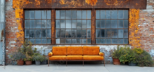 Rustic Industrial Chic: Orange Sofa Against Weathered Brick Wall