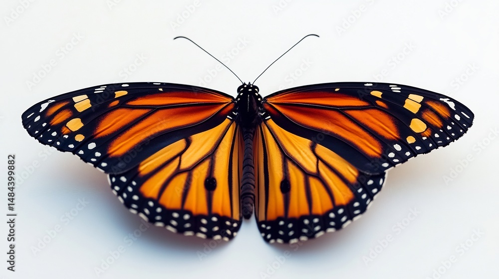 Fototapeta premium Artistic monarch butterfly portrait high quality photo with soft natural light detailed wing textures and crisp white background overlay cut out on isolated transparent removed background