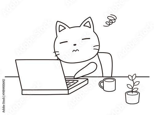 リモートワークで疲れているネコ　線画