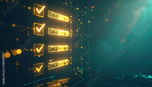 Digital workflow displayed as vertical checklist gold and teal light suspended with glowing