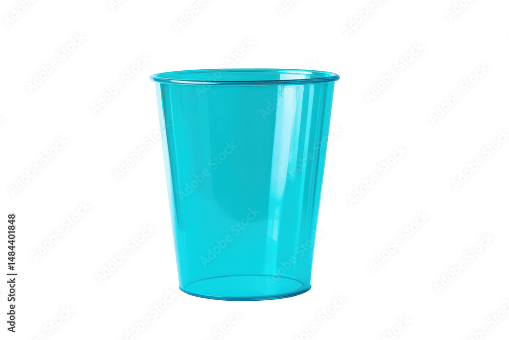 A vibrant teal plastic cup, cylindrical and translucent A vibrant teal plastic cup, cylindrical and translucent